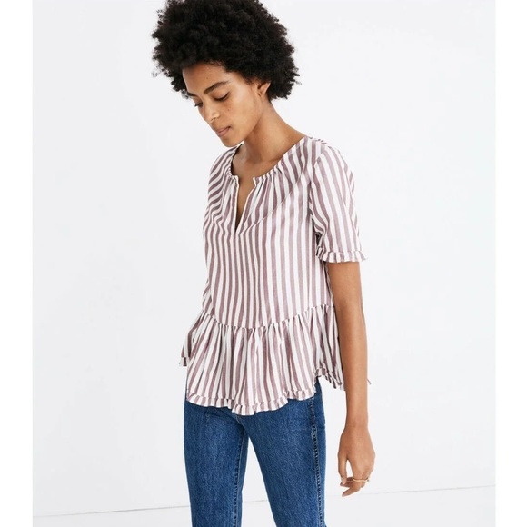 Madewell Tops - Madewell Stanza Ruffle Hem Top - Mauve Vertical Stripe (EUC, Size XS)